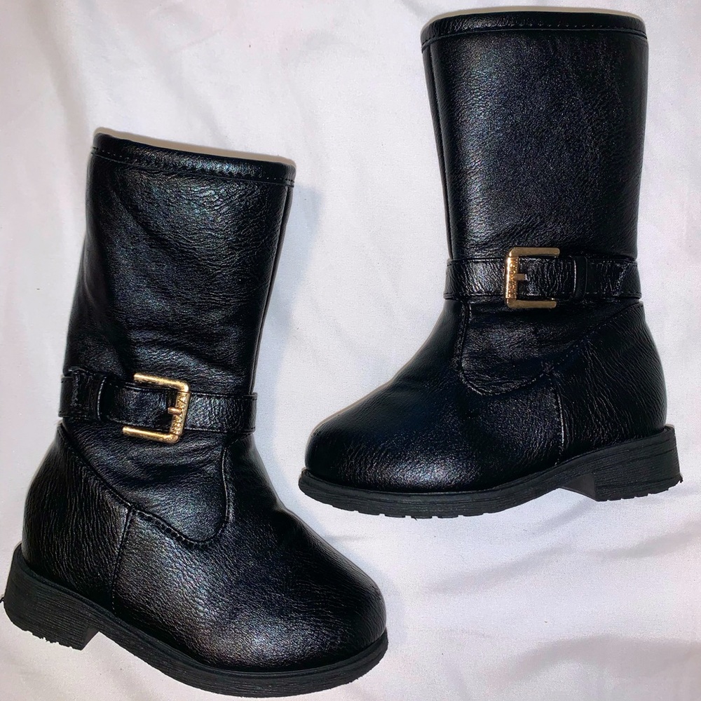 Toddler leather winter boots black with gold detail, round toe.